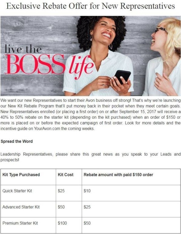 Exclusive rebate offer for new representatives - we want our new representatives to start their avon business of strong!Thats why were launching our new kit rebate program thatll put money back in their pocket when they meet certain goals.