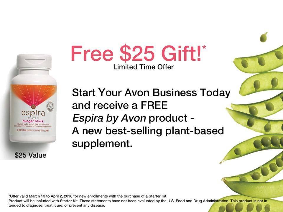 FREE ESPIRA HUNGER BLOCK - Free $25 gift - Limited time offer. Start your Avon Business today and receive a free Espira by Avon Product - A new best-selling plant-based supplement.